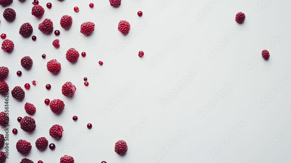 Poster a top-down view of fresh raspberries scattered on a white background with ample copy space.