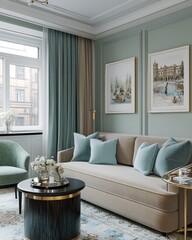 Beige sofa with teal cushions in a living room featuring sage green walls, a round coffee table, and elegant artwork. Natural light streams through a