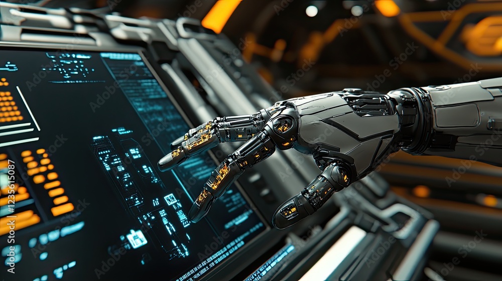 Poster concept of artificial intelligence in the workplace, with a robotic hand interacting with a digital 