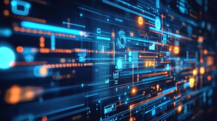 Fototapeta premium Concept of AI marketing automation, represented by a digital interface with floating data, charts, and algorithm icons.