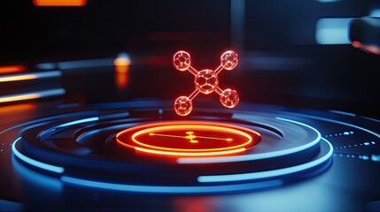 Concept of AI in drug discovery, with futuristic D molecular structures, robotic analysis, and a digital interface.