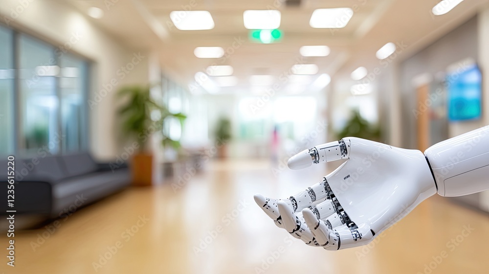 Poster concept of robotics in healthcare, with an empty robotic arm held out in front of a sterile environm