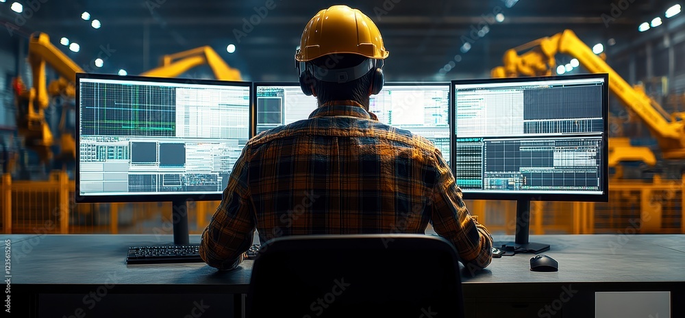 Poster A person in a yellow hard hat sits at a desk in a factory, monitoring multiple computer screens displaying industrial data. The background shows