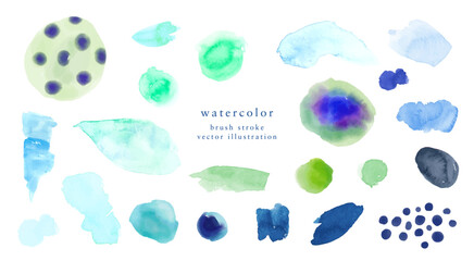 Collection of hand painted watercolor stains and lines. Brush stroke texture. Isolated vector illustration. Circles, spot, stripe shapes. Abstract background.