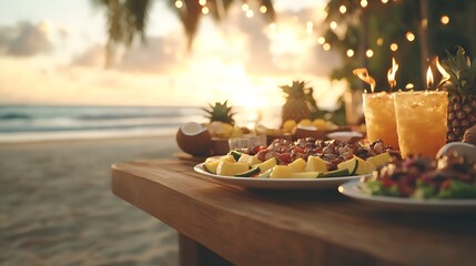 A vibrant tropical beachside food festival featuring tiki torches and delicious cuisine, perfect for summer events and culinary celebrations.