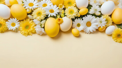 Festive holiday Easter flower composition. Yellow and white flowers, pastel easter eggs on paper yellow background