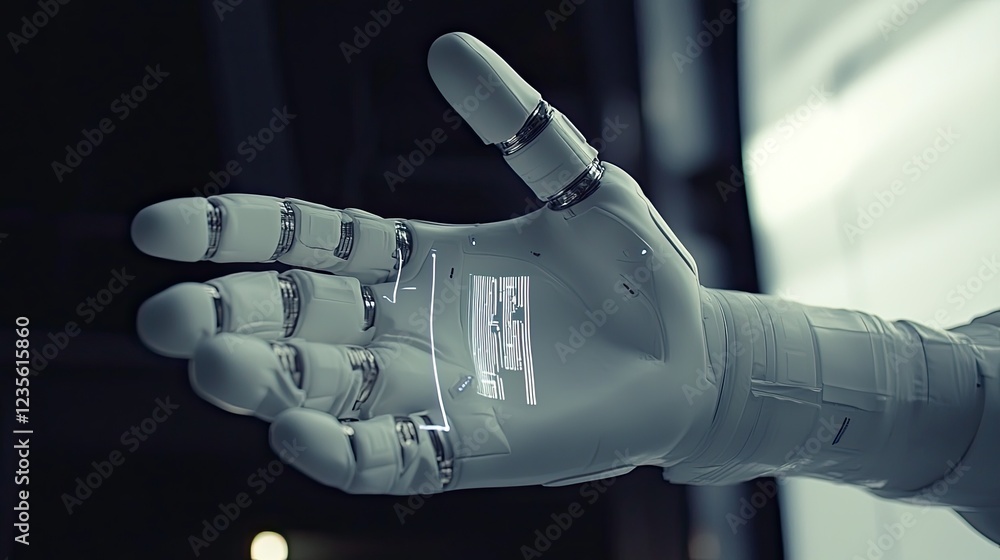 Poster robotic hand using a digital interface to guide manufacturing systems, emphasizing ai's role in indu