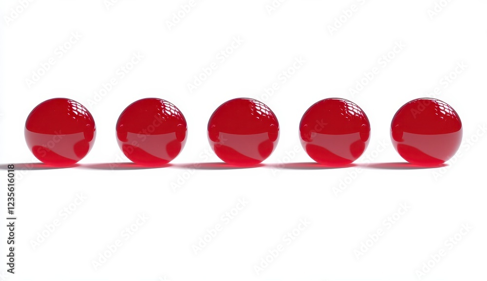 Poster five red spheres arranged in a row on a white background. each sphere casts a subtle shadow. the ima