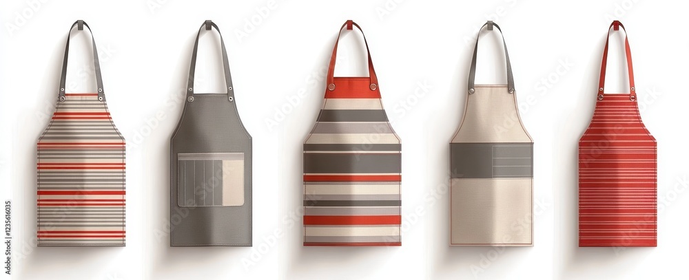 Poster five striped aprons in various colors and patterns, arranged in a row against a white background. th