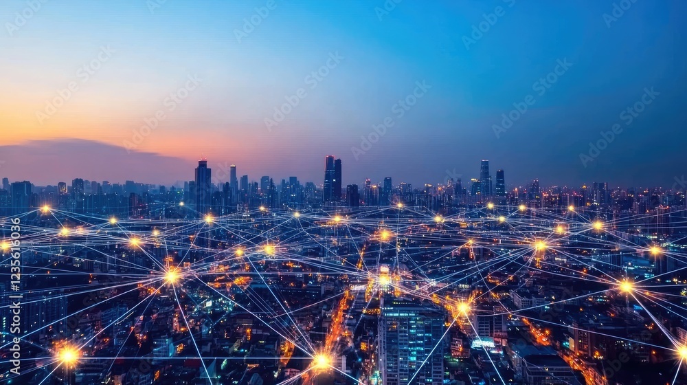 Poster virtual city powered by ai, glowing data pathways, and interconnected systems defining the future of
