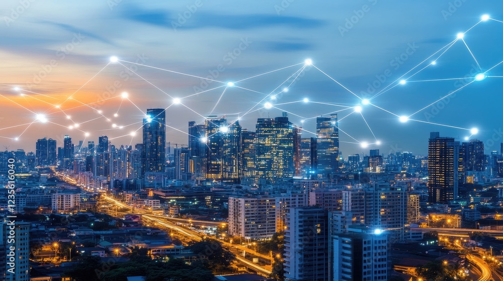 Poster virtual city powered by ai, glowing data pathways, and interconnected systems defining the future of