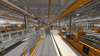 Virtualized factory setting with AI managing production lines, displaying real-time analysis and predictive maintenance data.