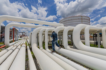 Male worker inspection and measurement thickness pipeline oil and gas