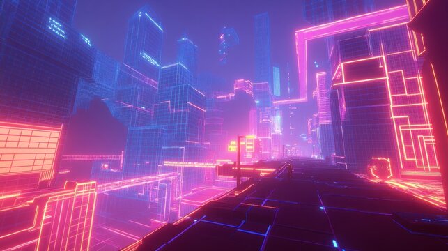 Neon city street, futuristic cityscape, night, digital art, game background