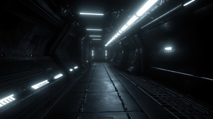 Futuristic spaceship corridor; glowing lights; dark background; sci-fi film