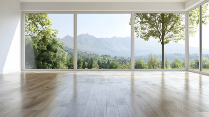 Mountain view from modern room, empty floor, nature background, interior design