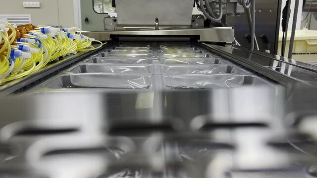 medical manufacturing conveyor seals blood transfusion systems. A close up shows a sealing machine and a workers hands in white gloves and a lab coat ensuring sterile