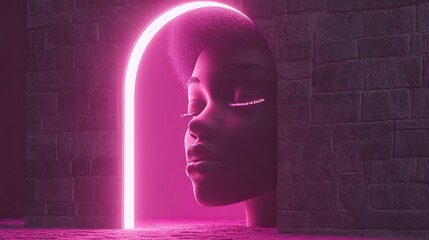 Obraz premium Serene Black Woman Emerging From Pink Neon Archway