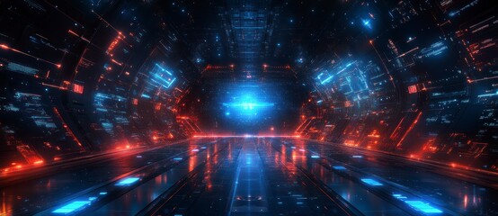 Obraz premium Abstract digital art depicting a futuristic cityscape at night with glowing blue and red lights, creating a vibrant and dynamic atmosphere. The image