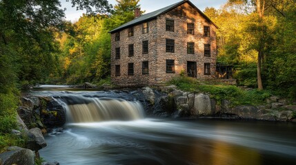 Naklejka premium Stone mill waterfall autumn foliage river