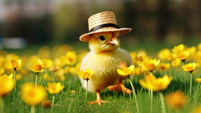 Cute chick with straw hat in colorful field of spring flowers for easter celebration. Easter, Pascha, Paskha, Ostern, Pascua, Paques - Orthodox and Catholic Holiday celebration