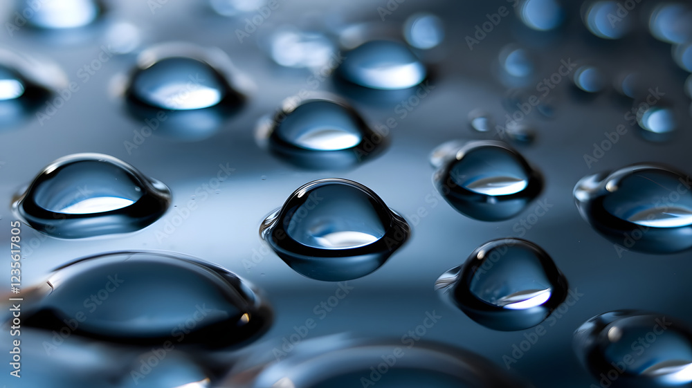 Poster water droplets abstract: a mesmerizing close-up of water droplets scattered across a smooth, reflect