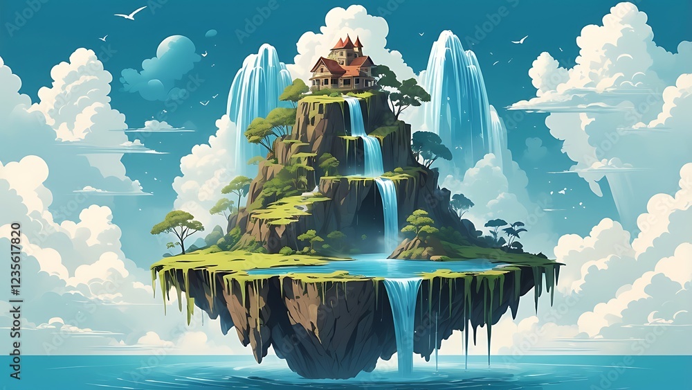Poster a surreal vector design of a floating island with waterfalls cascading into the sky.