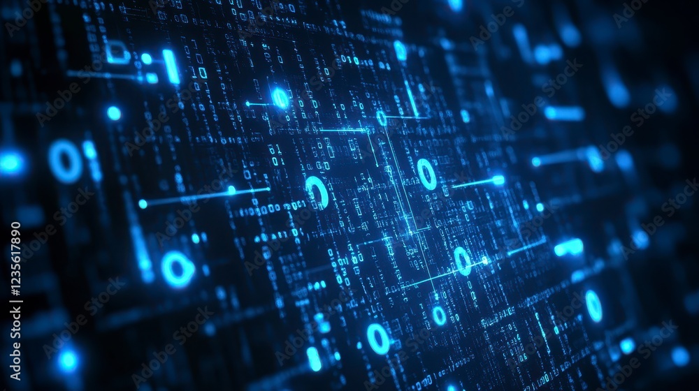 Poster abstract digital background with glowing blue binary code and circuit lines. dark background, glowin