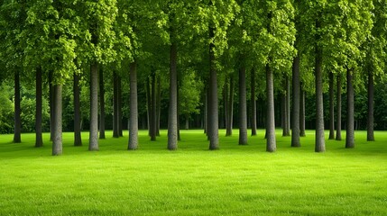 Obraz premium Lush Green Forest with Tall Trees and Vibrant Grass Under Blue Sky