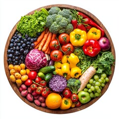 Fresh and Colorful Assortment of Organic Vegetables and Fruits Arranged Neatly on Wooden Plate