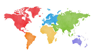 Watercolor world map divided into six continents isolated on transparent background