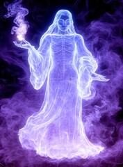 A luminous figure, radiating purple and blue light, is positioned within swirling smoke. The figure seems translucent, with a visible skeletal