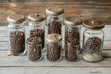 A close-up view of various sizes of glass jars filled with coffee beans on an aged wooden surface.