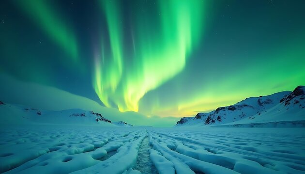 Arctic Aurora: Serene Green Lights Dance Over Frozen Landscape - Powered by Adobe