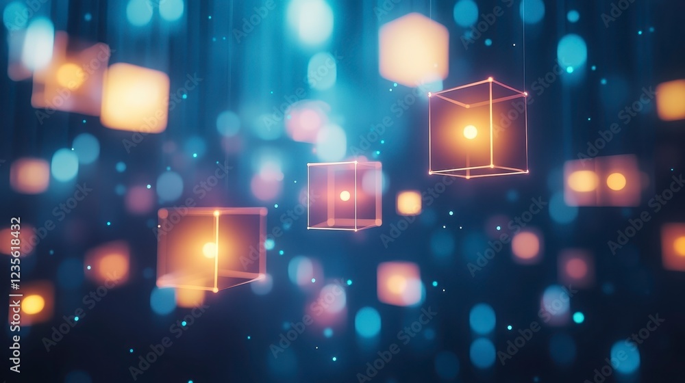 Poster abstract digital art featuring glowing orange and blue cubes floating in a dark space with bokeh eff