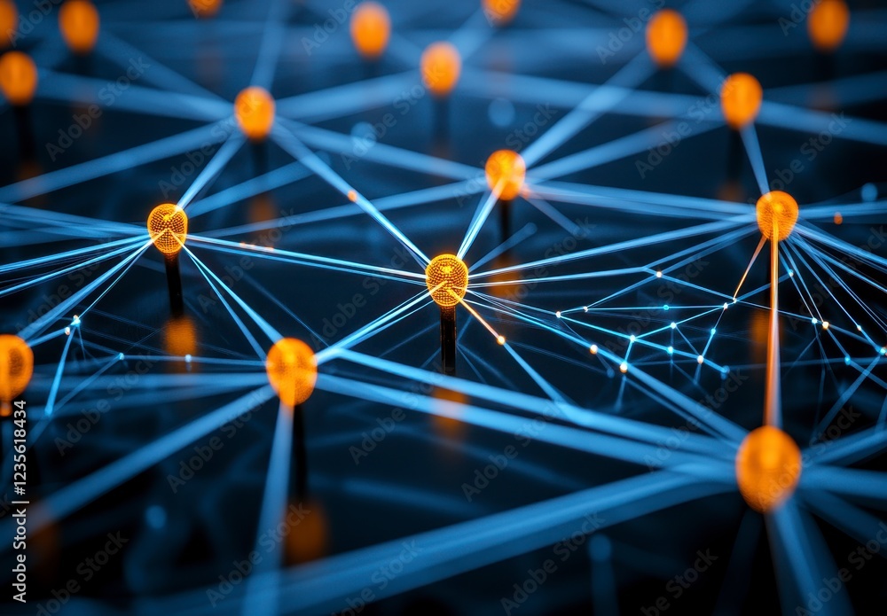 Poster abstract network connection concept image featuring glowing orange and blue nodes connected by lines