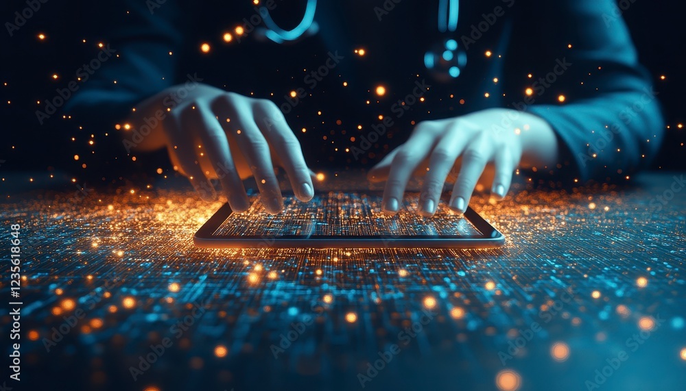 Poster close up of hands using a tablet, surrounded by glowing particles and a dark background. the image c