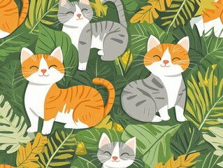 Happy cats in tropical leaves; jungle pattern, fabric print