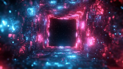 Obraz premium Abstract digital art depicting a glowing square portal within a dark tunnel, surrounded by pink and blue particles. Neon lighting illuminates the