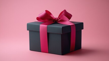 Fototapeta premium Pink background, black gift box, pink ribbon