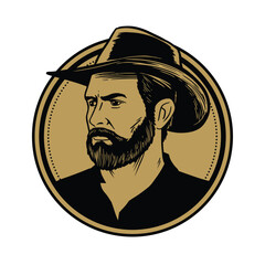 Illustration of a bearded american man wearing a cowboy hat. Concept for a product logo