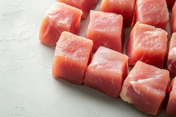 Fresh Cubes of Raw Meat Ready for Cooking on a Light Surface