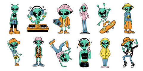 Fototapeta premium Urban alien character set. Alien vector element bundle, t-shirt design, sticker packs, object. Cool cartoon collection