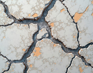 Tessellating industrial concrete-marble hybrid with steel-reinforced fractures and calcite veins, creating a bold, modern texture.