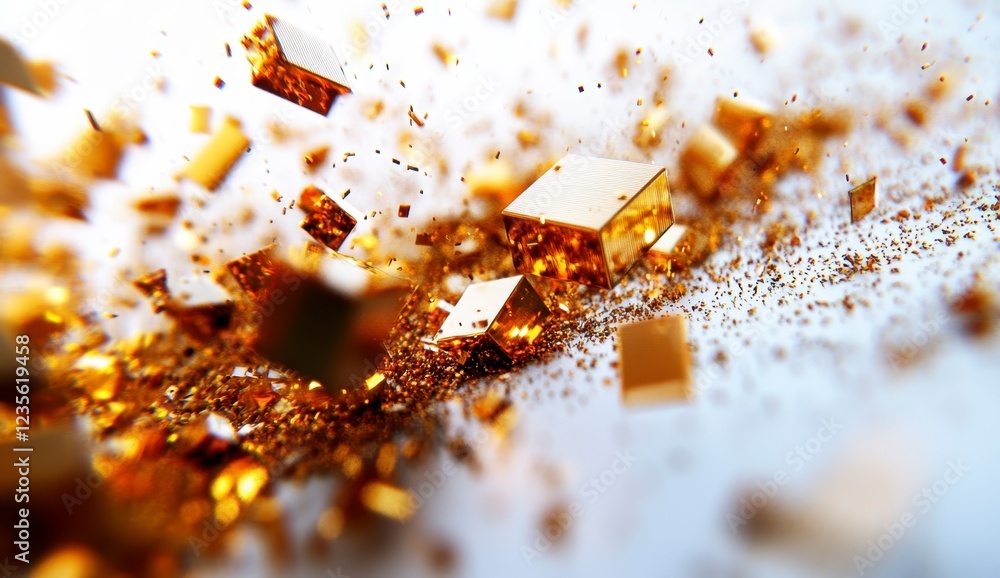 Aufkleber abstract image of gold glittering particles and geometric shapes exploding against a white backgroun