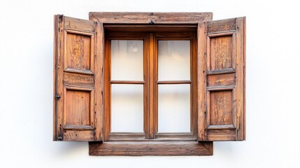 Open wooden window, white wall background, sunlight