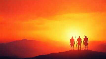 Fototapeta premium Silhouetted Warriors at Dusk Against Bright Horizon