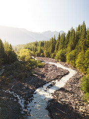 Majestic view of a river winding through a forest beneath a mountain range under a clear sky.