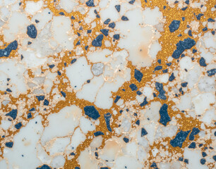 Naklejka premium Seamless terrazzo marble composite with gold flecks and crushed sapphire chips, epoxy resin binder texture for industrial floor tiling.