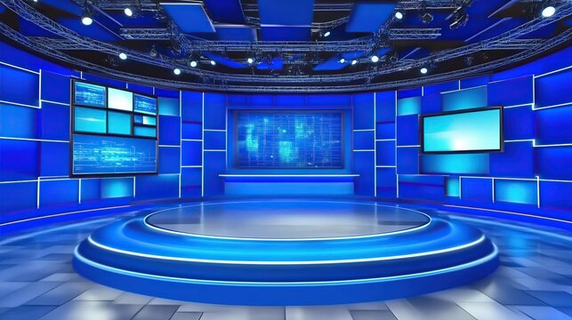Blue virtual studio news set, circular stage, broadcast backdrop